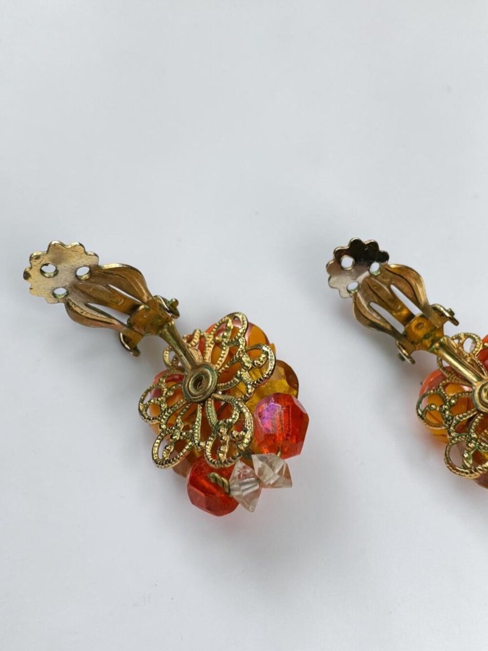 Necklace Earrings Set Orange Faux Pearl Crystal Cluster Beaded Vintage 1960s - Picture 7 of 9